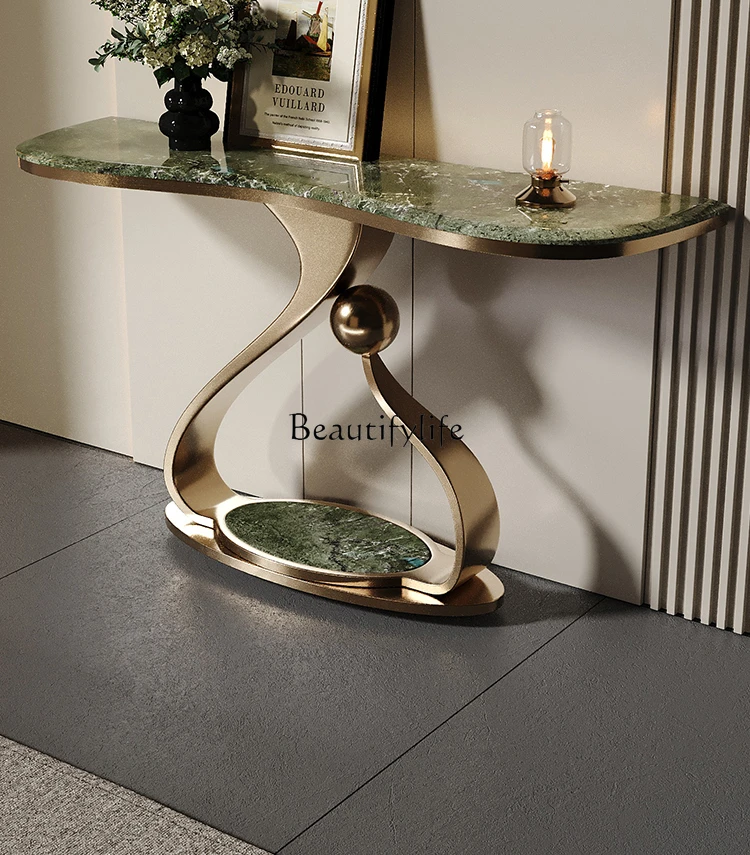 

Light luxury rock slab entrance table Modern art stainless steel foyer against the wall strip case end view table