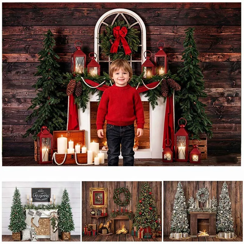 LS Photography Background Winter Christmas Fireplace Vintage Xmas Tree Kid Holiday Party Portrait Decor Backdrop Photo Studio