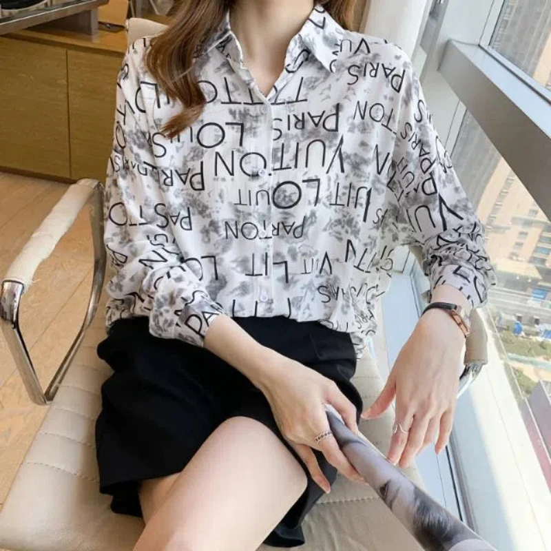 Letter Printing Chiffon Long Sleeve Tie Dye Button Cardigan Shirt Women\'s Clothing Spring Autumn Casual Office Lady Formal Tops