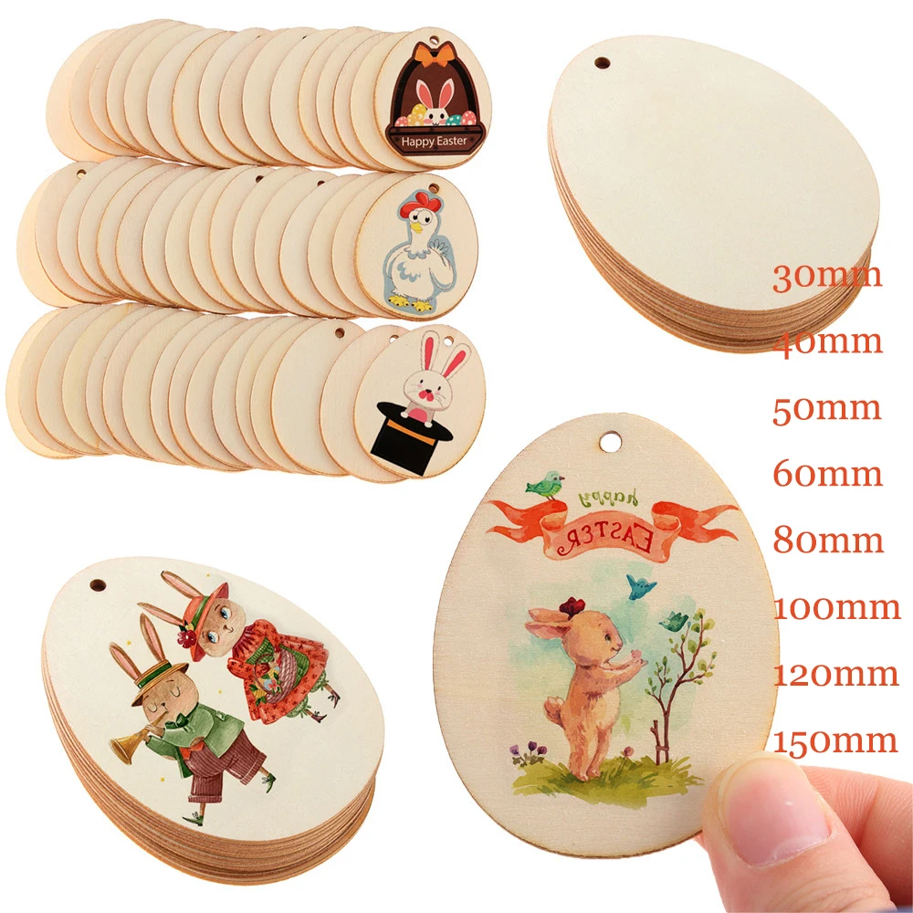 10/25/50pcs DIY Craft Natural Wooden Hanging Ornaments Graffiti Wood Chips Easter Decorations Easter Eggs Wood Slice