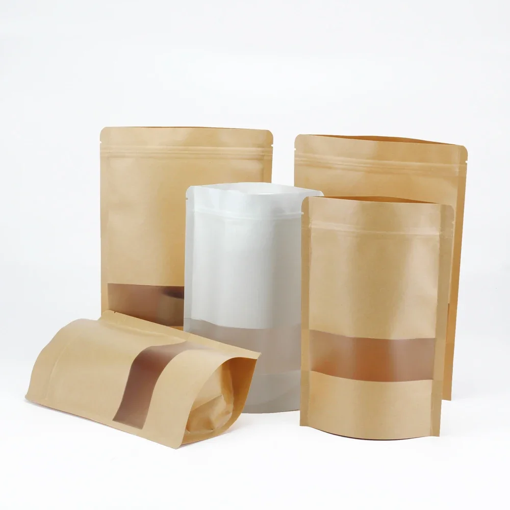 100 Stück Zip-Lock-Verpackungsbeutel aus Kraftpapier, Standbeutel mit Fenster und Reißverschluss, Verpackungsbeutel für Kleinunternehmen – Detail 2