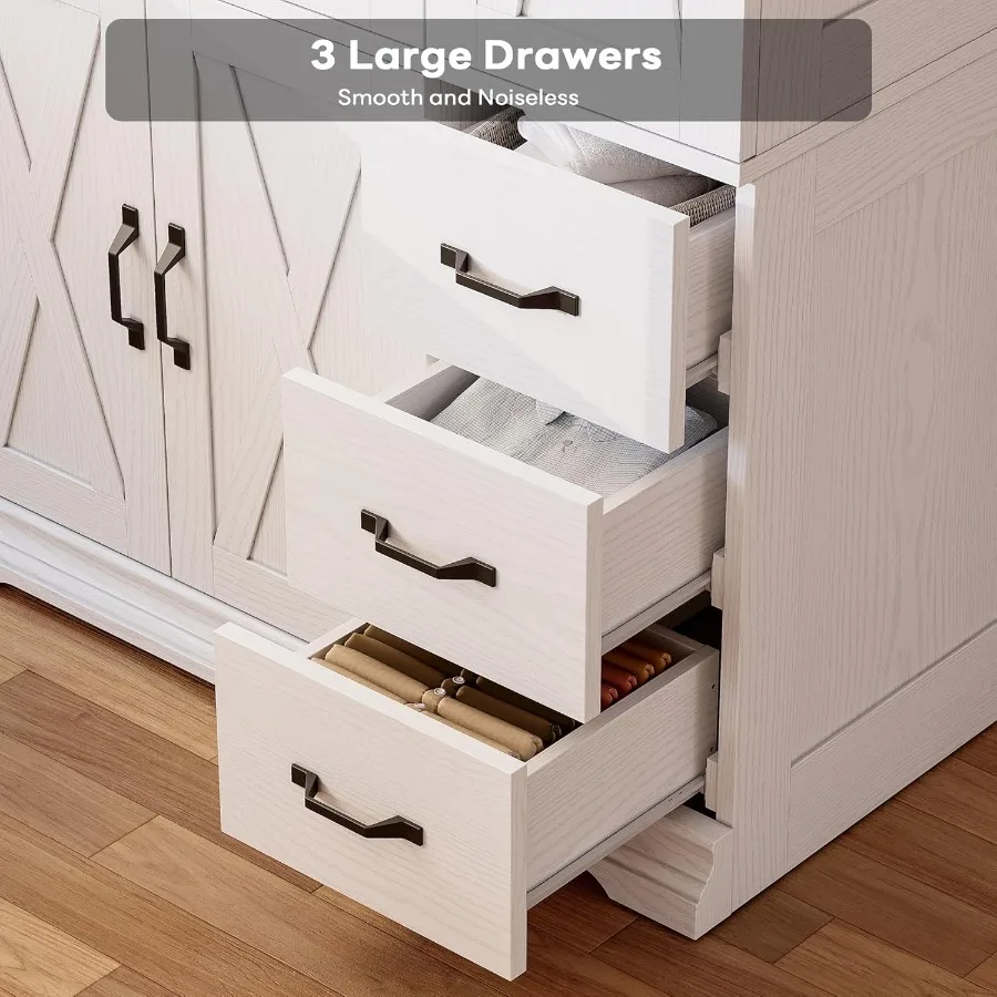 Large-capacity deep armoire with 5 cabinet doors and 3 drawers designed for bedroom storage featuring a hanging rod 3 side hook