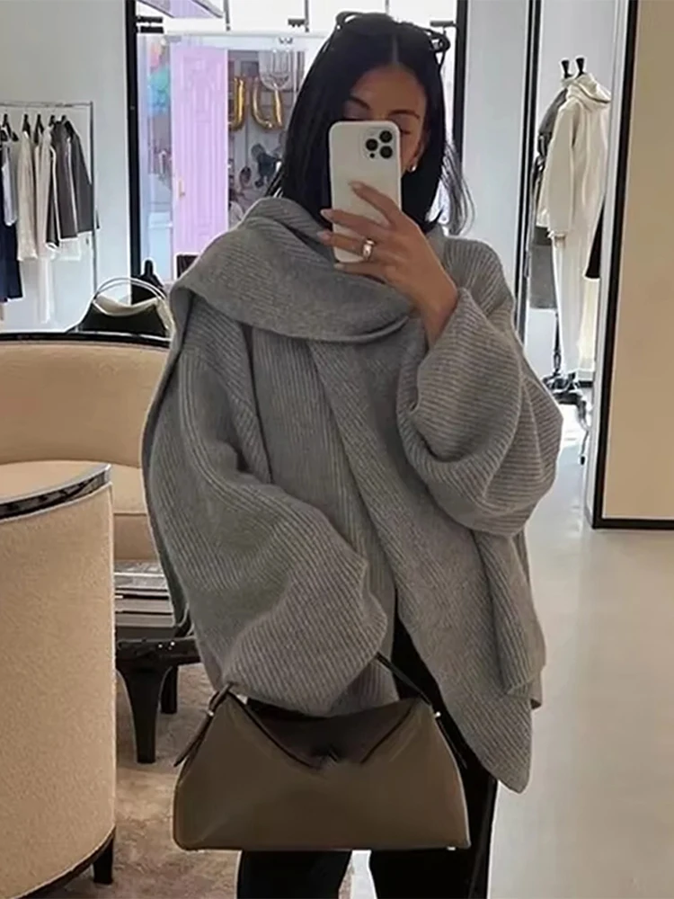 Casual Knit Pullover Women Loose Round Neck Long Sleeves Detachable Scarf Sweater Female 2024 Autumn Fashion Solid Knitwears