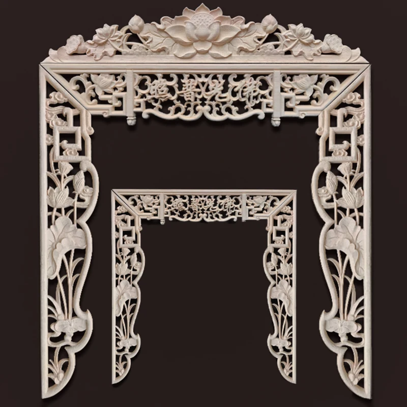 Chinese Drogen Niche Ornamental Antique Carved Wood Figurines Wood Decal Applique Onlay Large Wooden Window Furniture Cabinet