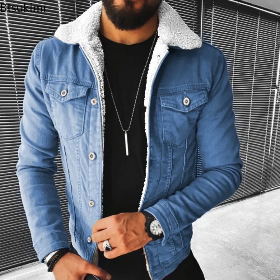 2024 Autumn Winter Men's Imitation Lamb Fleece Thickened Warm Denim Coats Plush Lapel Button Long Sleeve Denim Jackets for Men