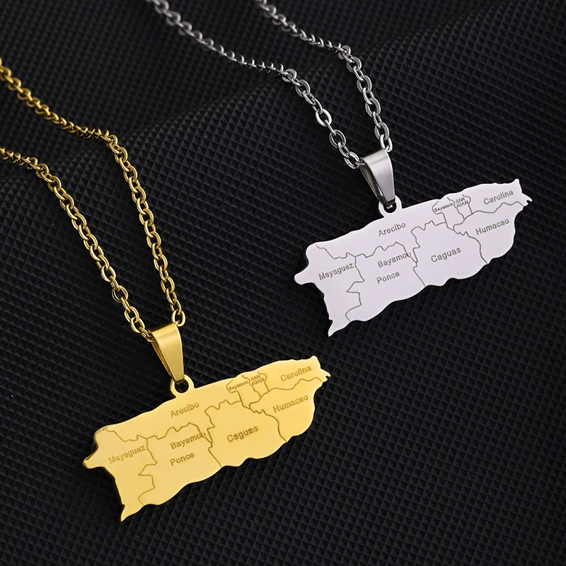 Stainless Steel Puerto Rico Map With Cities Pendant Necklaces Gold Silver Color Fashion Party Jewelry for Women Men Gifts