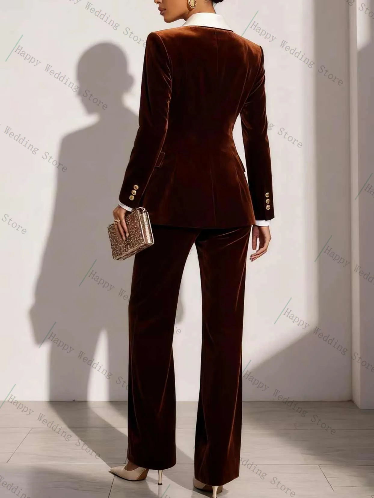 Velvet Brown Women Suit Pants Set 2 Piece Blazer+Trousers Autumn Formal Office Lady Jacket Customized Wedding Guest Prom Coat