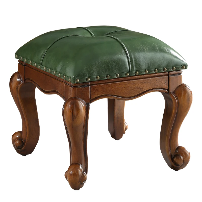 

American solid wood leather low stool children's home shoe changing stool living room light luxury simple modern stool