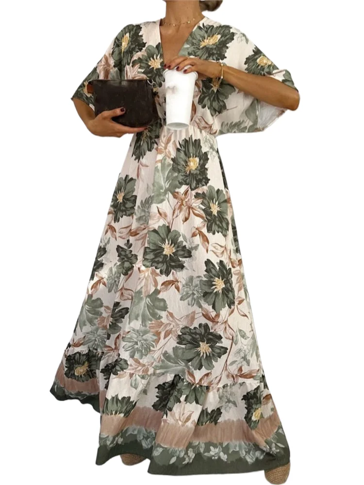 

Fashion Vintage Dress For Women Casual Print V Neck High Waist Loose Dresses Lady Elegant Holiday Womens Clothing Robe Femme New