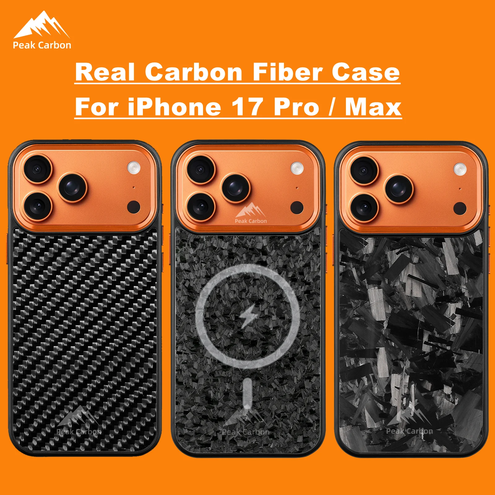 

For iPhone 17 Pro Max 17Pro Real Forged Carbon Fiber Magnetic Phone Case with Magsafe and Orange Color Metal Lens Frame /Buttons