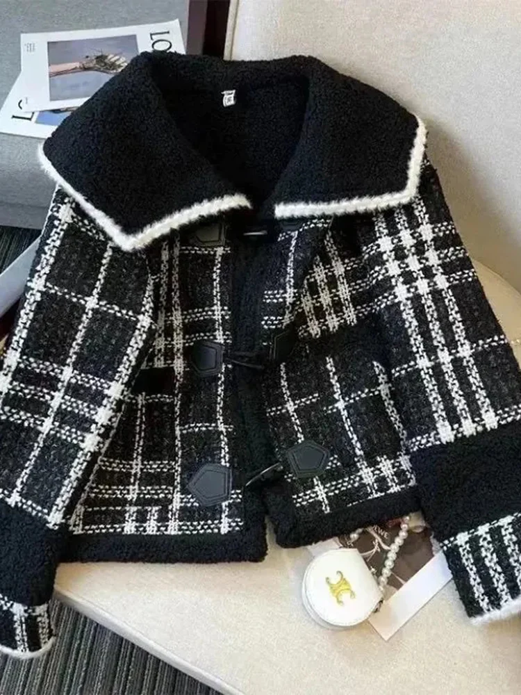 

Jmprs винтажная тонкая клетчатая куртка женская Kawaii с матросским воротником и длинным рукавом милое пальто Япония осень-зима лоскутные топы из искусственного ягненка новые