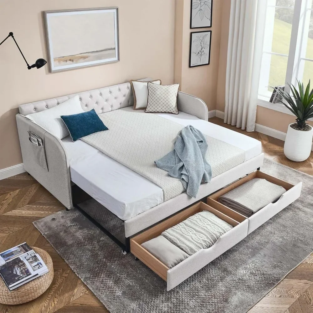 Daybed with Drawer, Modern Button Tufted Linen Day Bed with Trundle Bed Twin to King, Upholstered Daybed Frame w/Storage