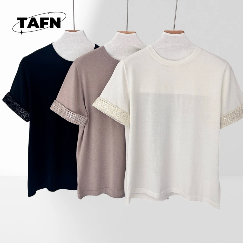 

round Neck Fashion Casual Knitted T-shirt Cuff Heavy Embroidery Sequins Decorative Design High Street Beautiful AF3010