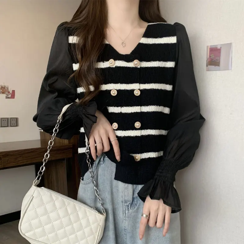 Commute Fake Two Pieces Blouse Spring Autumn Striped Knitted Patchwork Women's Clothing Basic Casual V-Neck Long Sleeve Shirt