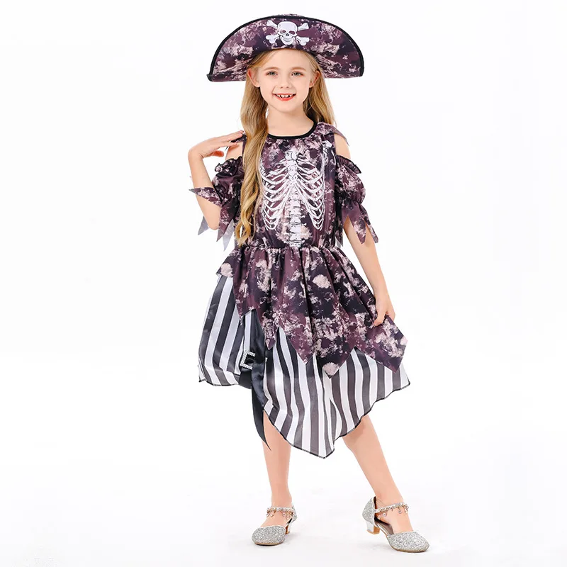 Meisjes Halloween Pirate Cosplay Kostuum Kinderen Piraat Kapitein Rollenspel Kostuum Skull Skelet Prinses Jurken Met Hoed