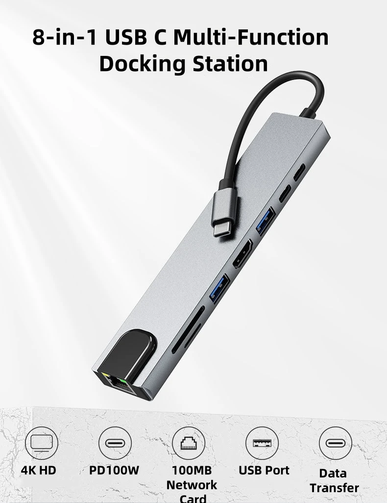 Type C Hub 8 in 1 USB C 4K/30Hz Ethernet 1000Mbps HD Adapter with RJ45 SD/TF Card Reader PD Fast Charge For Laptop Computer Hub