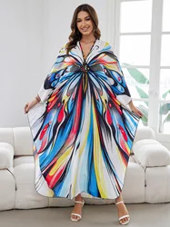 Butterfly Printed 2024 Summer Boho Plus Size Sexy V Neck Long Sleeve Side Slit Kaftan Dress Women Beach Wear Maxi Dresses Q1588