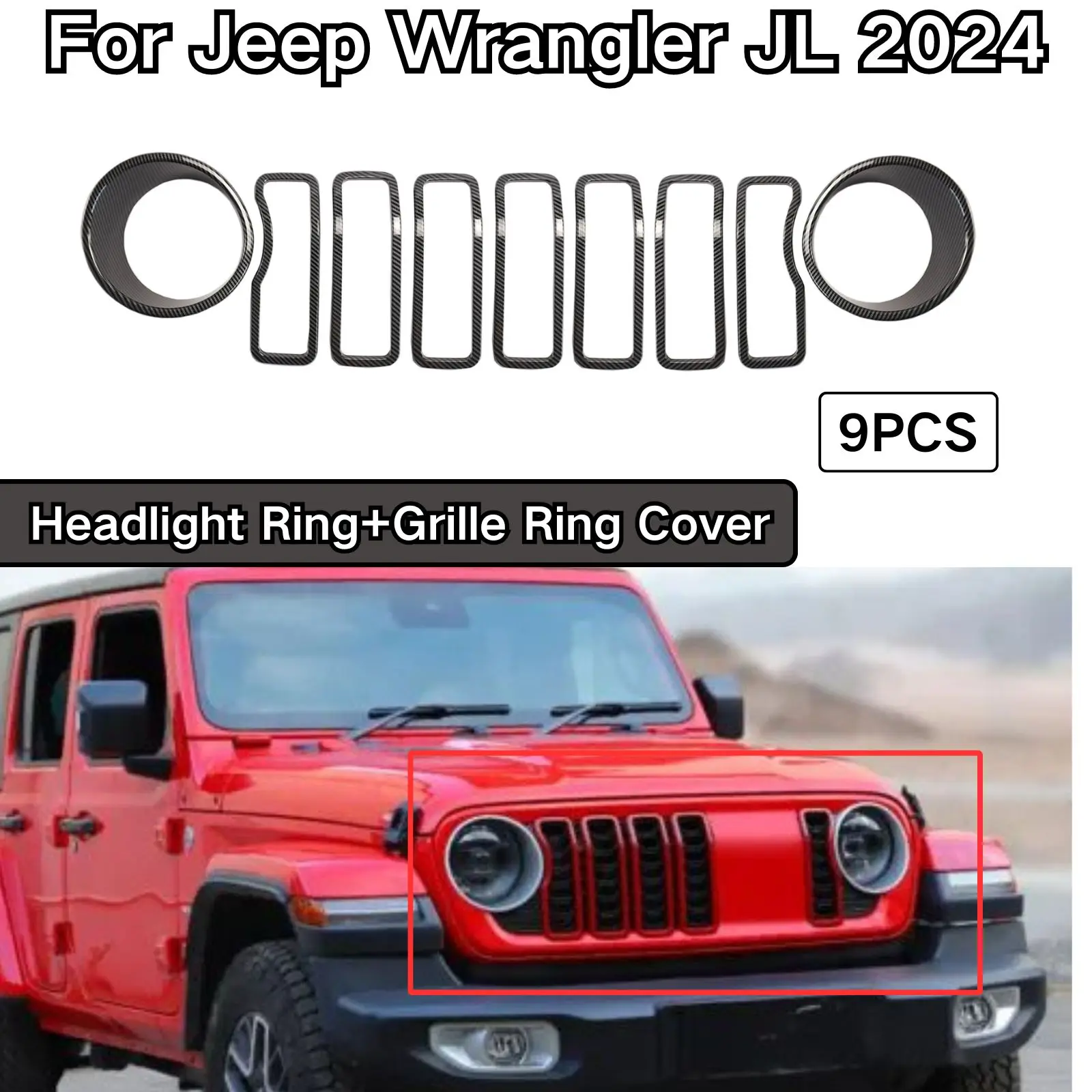 

Декоративное кольцо для фары и решетка радиатора для Jeep Wrangler JL 2024, красные, черные, белые автомобильные аксессуары, внешний вид из углеродного волокна