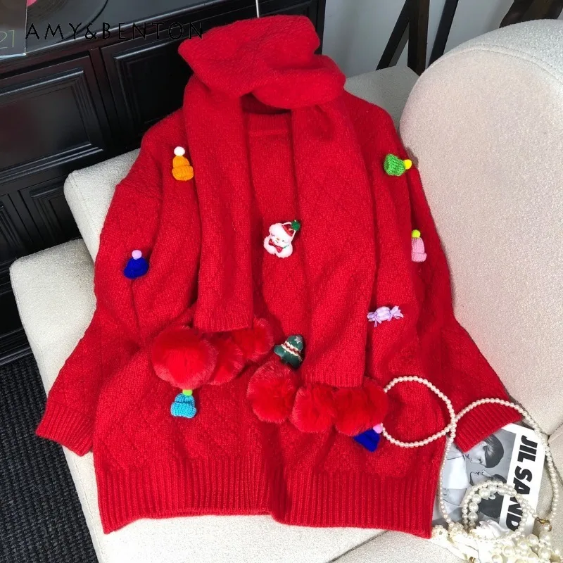 2024 Winter Christmas Atmosphere Red Knitwear Korean Style Design Brooch Pullover Knitted Sweater With Scarf For Women's Clothes