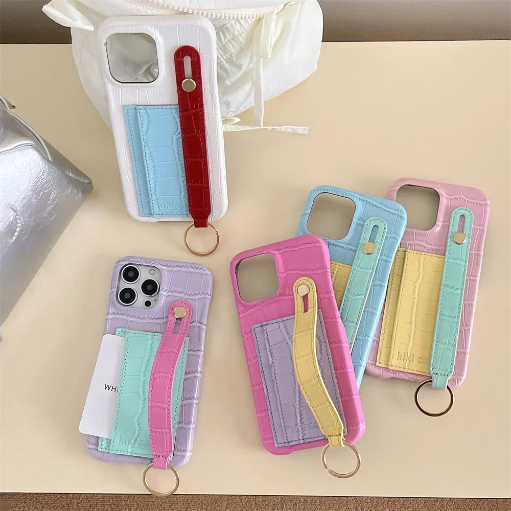 

Luxury Candy Color Leather Card Bag Holder Pocket Wristband Case For iphone 16 14 15 13 12 Pro Max Stylish Bumper Cover Funda