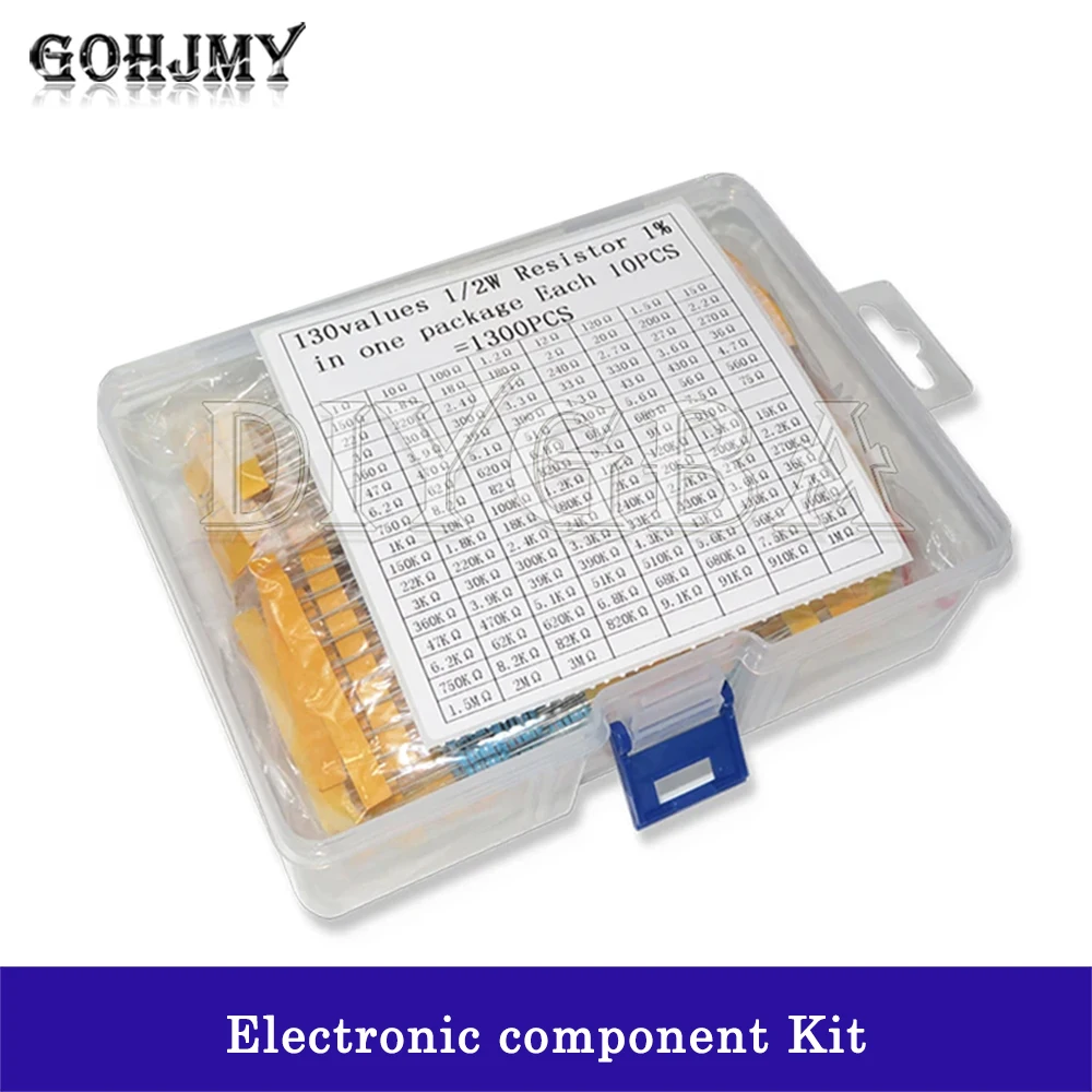 1300PCS/Set 1% Metal Film Resistors 130 Values X 10Pcs 1/2W 0.5W Assorted Pack Kit Set Lot Resistors Assortment Kits + Box