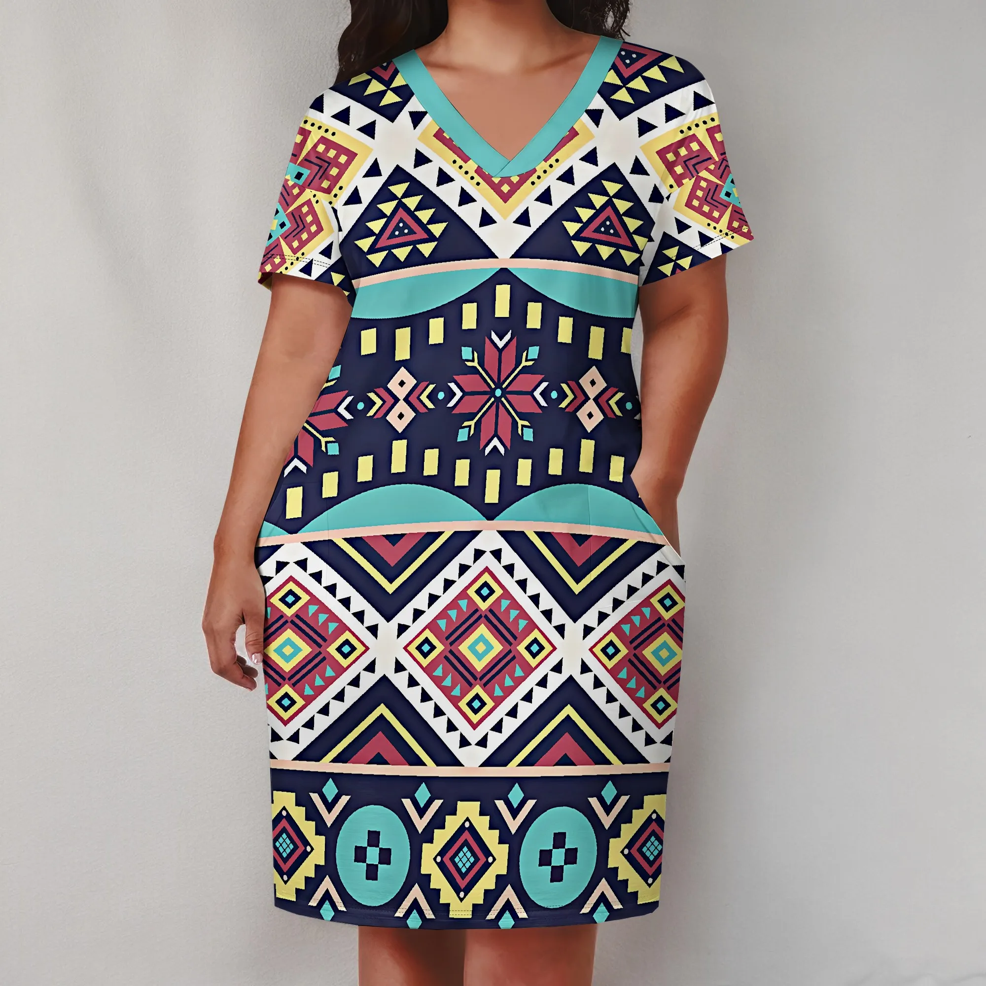 Vestido midi con cuello en V de talla grande, étnico, tribal, estampado geométrico, informal, suelto, con bolsillo de verano para mujer