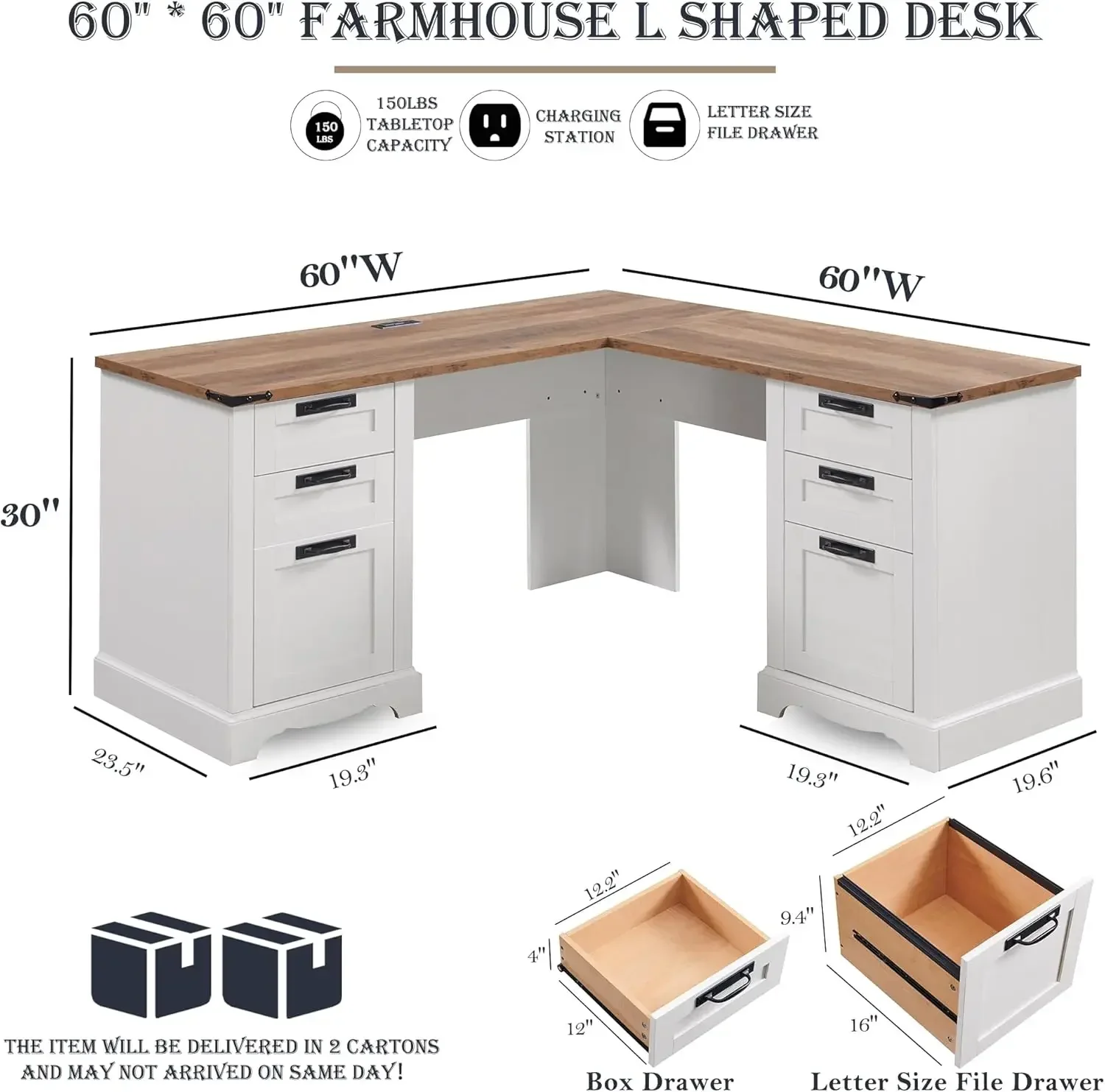 Bureau exécutif en forme de L de ferme avec égouts de proximité, bureau d'angle de bureau à domicile en bois avec station de charge, masse de fichiers, blanc antique, 60 po