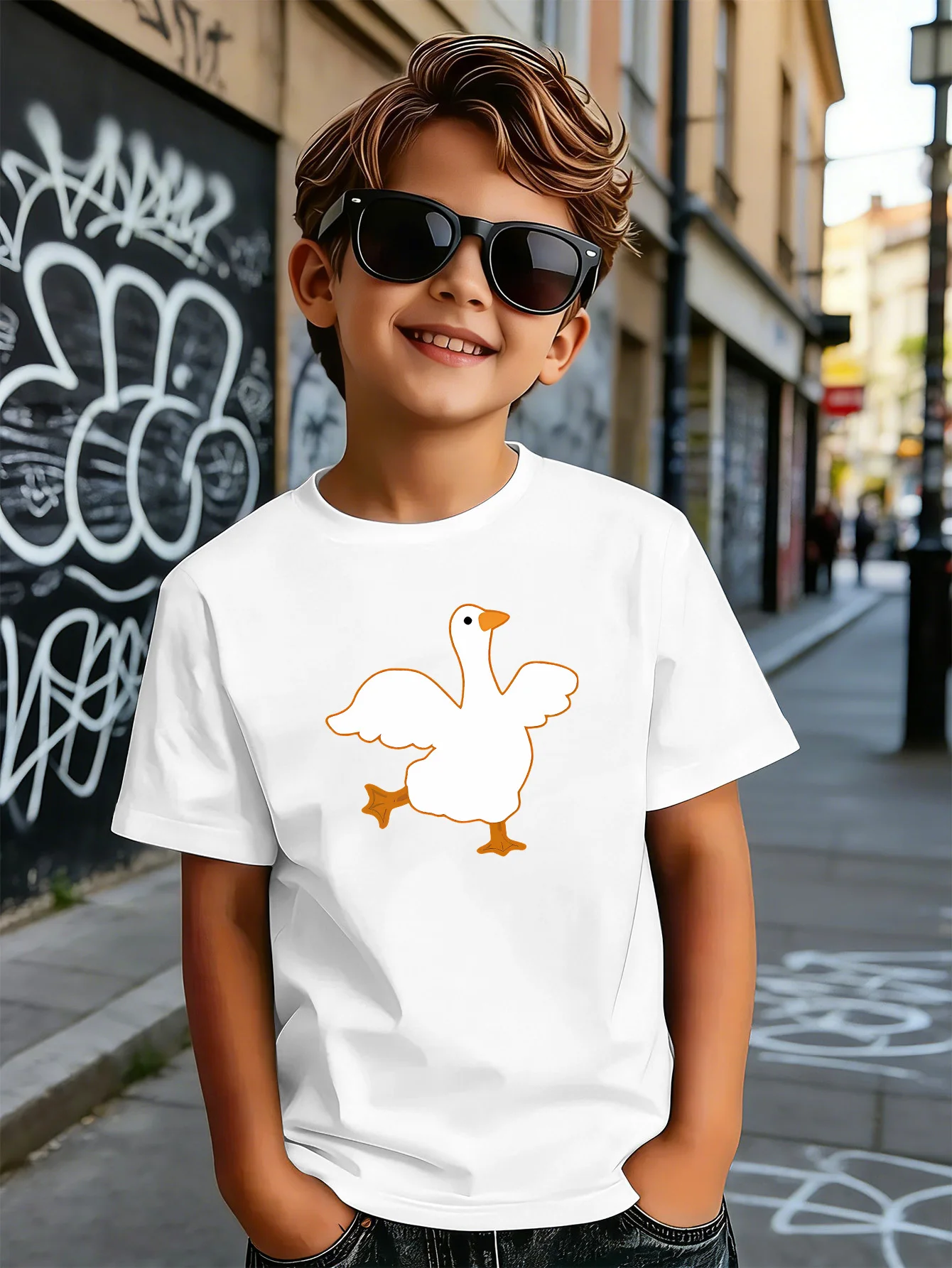 Cute Dancing Goose Cartoon Print Kids T Shirt Boys Girls Parent Child Matching Soft Cotton Casual Short Sleeve Basic Daily Tees