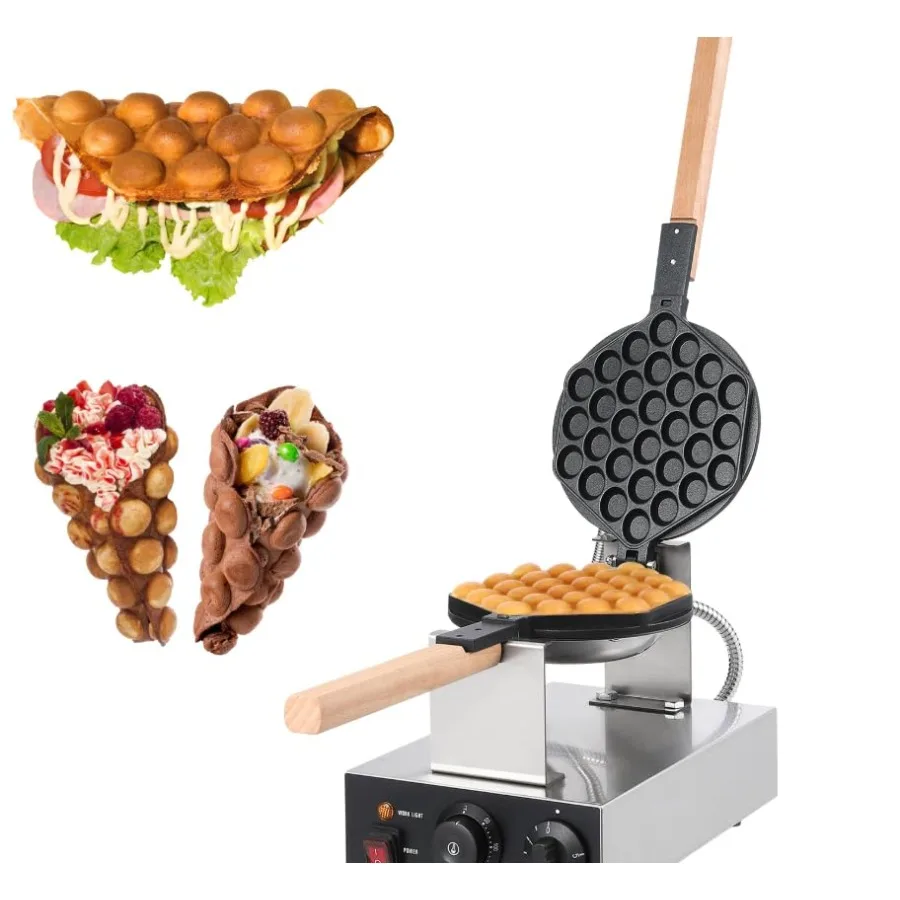

2800W Commercial Bubble Waffle Maker Stainless Steel Round Egg Puff Machine with Non-Stick Plates Single Electric Egglet/Waffle