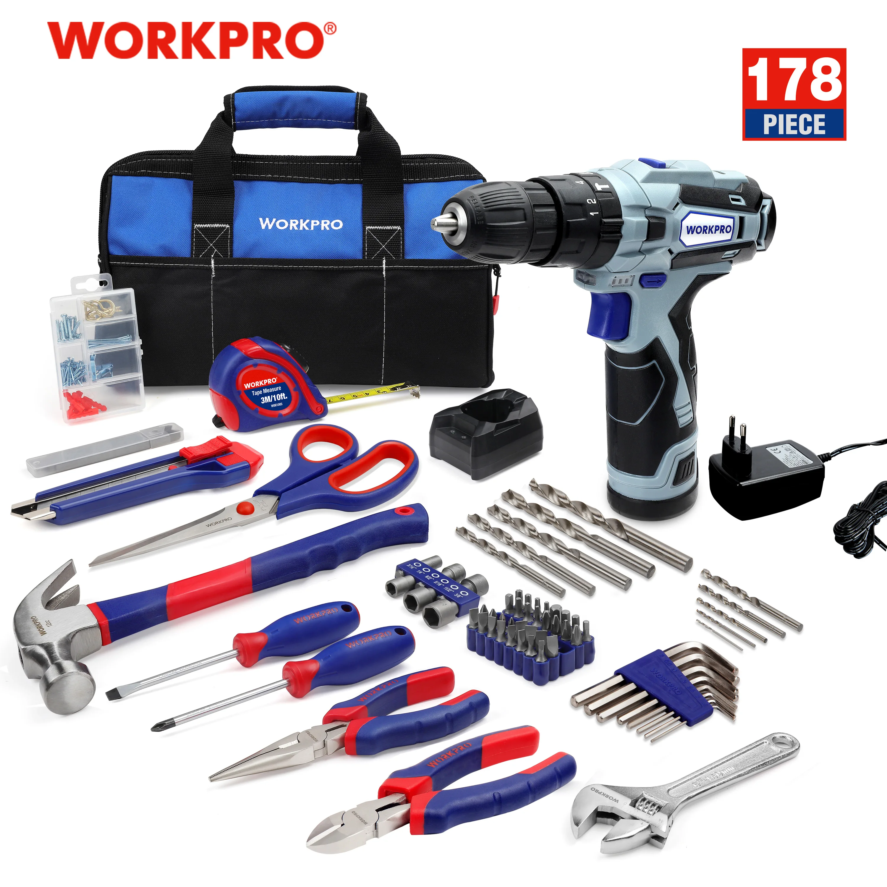 WORKPRO Juego de Herramientas Básicas 178-piezas, Herramientas manuales con Bolsa, Set de Herramientas Profesionales para Bricol