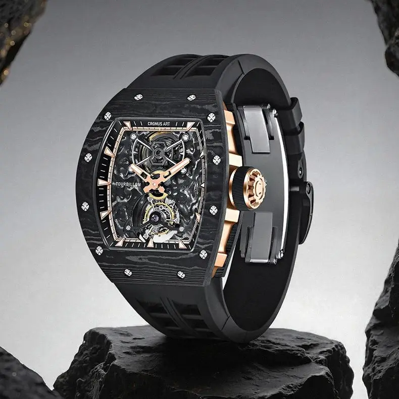 CRONUSART Men Tourbillon Watch 50mm Tonneau Mechanical Wristwatch Carbon Fiber Case & Dial Luminous Limited Version