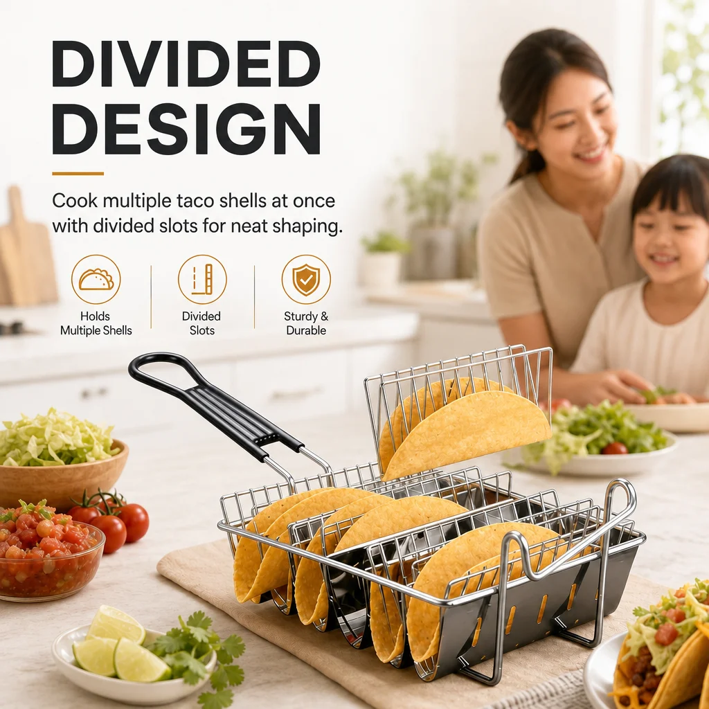 Taco Basket Holds 4/6/8 Shells Deep Fryer Taco Holder Baskets Taco Fry with Grip Handle French Fries Frying Fried Basket Tool