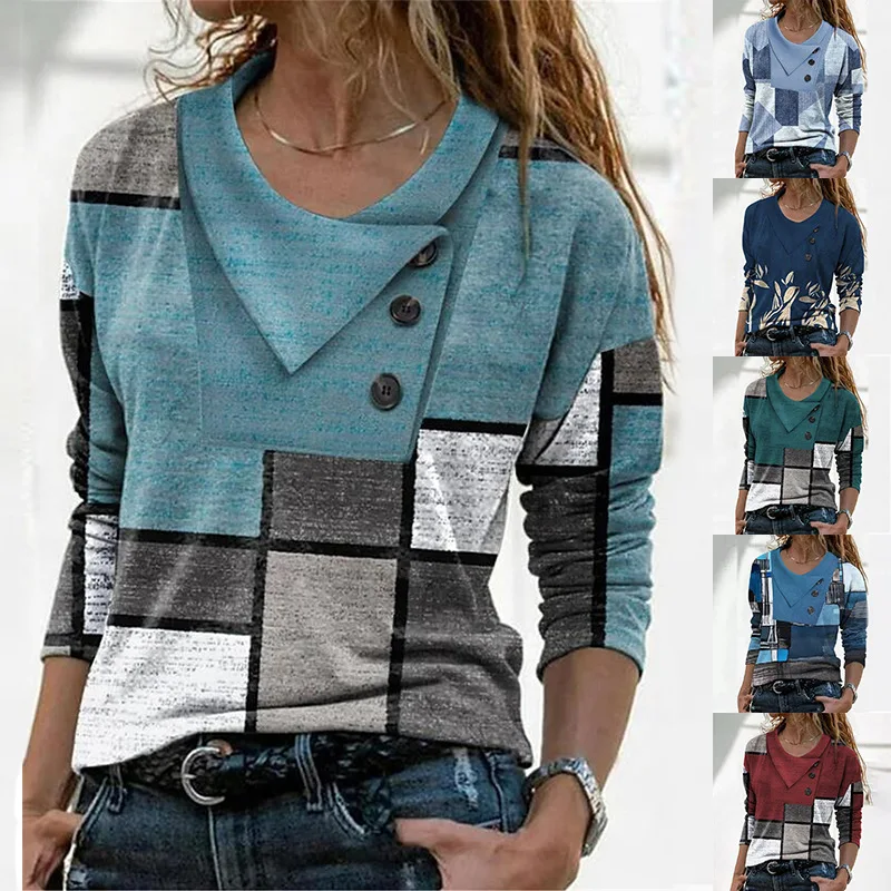 Mode Geometrie Druck T-Shirt Frauen Casual Herbst Taste Langarm Tops Chic Kreis Dekoration Tees 3XL – Detail 6