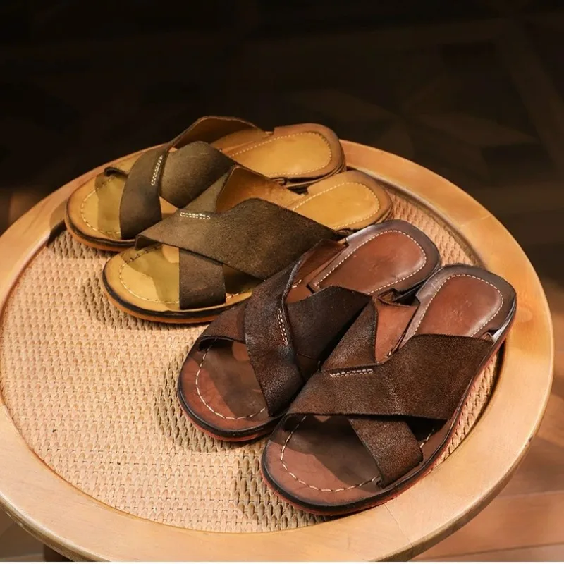High End Washed Genuine Leather Slippers Men's Shoes Summer Outdoor Wear Handmade Sewn Flat Beach Casual Sandals Male Open Toe