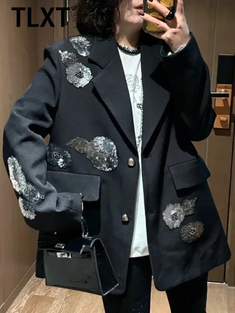 

TLXT черный элегантный блейзер с блестками и цветами для женщин, новая куртка с лацканами и длинными рукавами, модная весна-осень 2025 XK1306