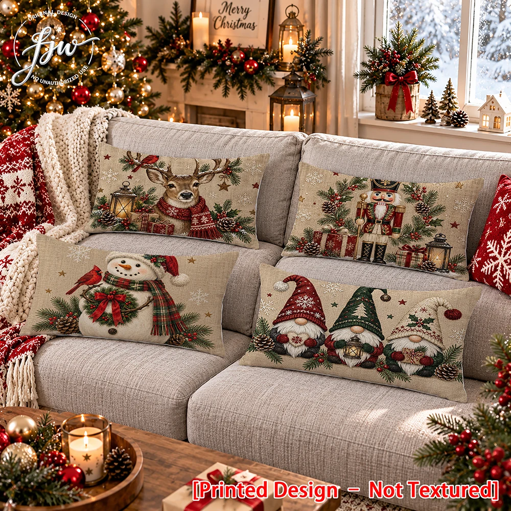 4pc Christmas Vintage Gnome Snowman Reindeer Nutcracker Holiday Throw Pillow Covers