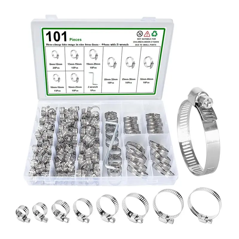 

A25I-Hose Clamp Kit 101Pcs Stainless Steel Fuel Line Spring Wire Clips For 8-44Mm Water Pipe Air Hose Tube