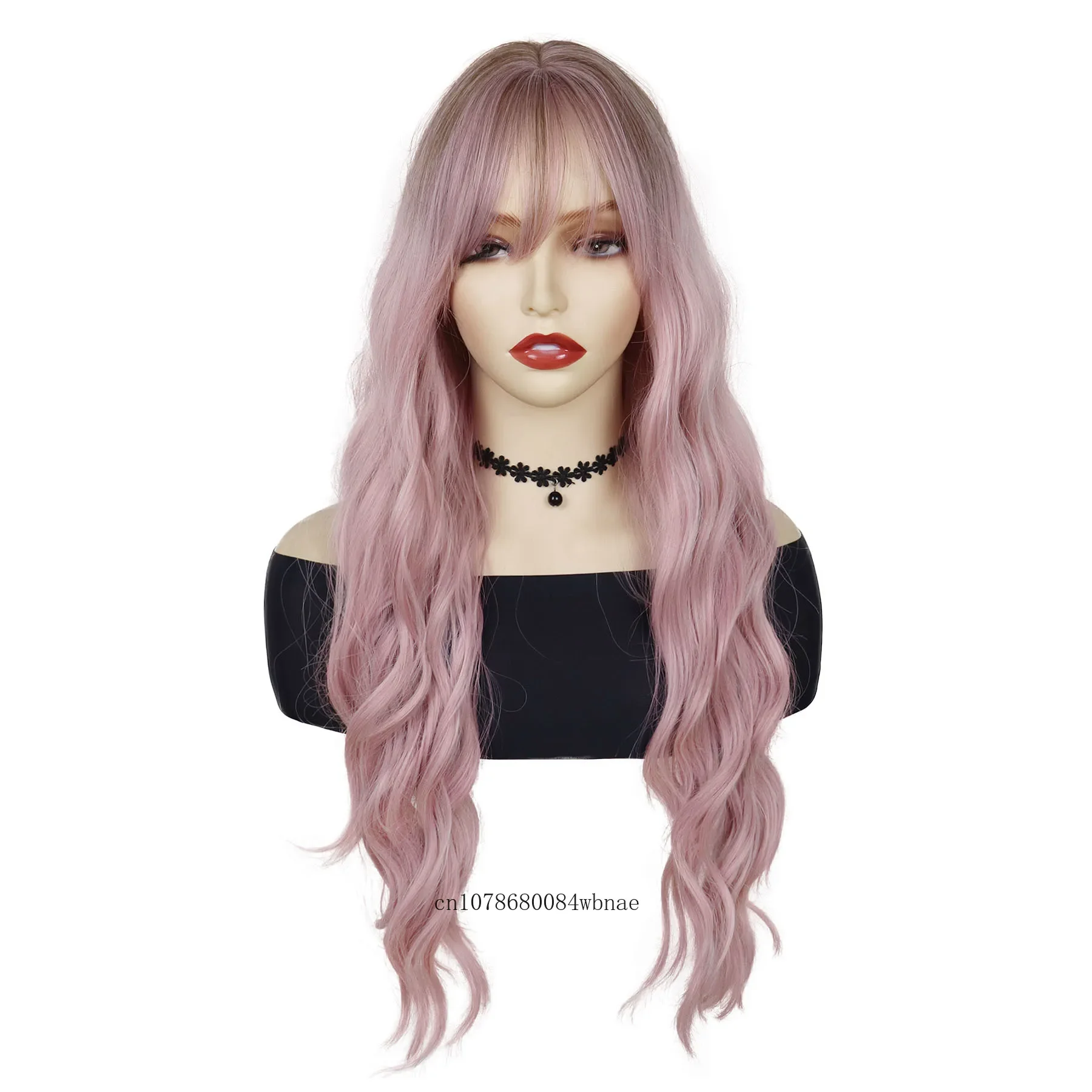 28 Inch Long Pink Synthetic Wig with Bangs Natural Wavy Curly Cosplay Wigs for Women Girls Halloween Costume Party Christmas