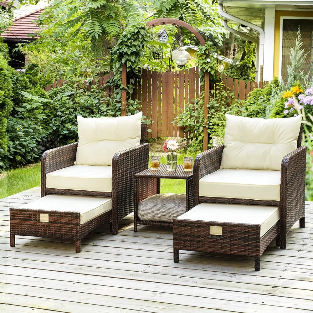 

5 Pieces Wicker Patio Furniture Set Outdoor Patio Chairs with Ottomans Conversation Furniture with Coffetable for Garden Balcony