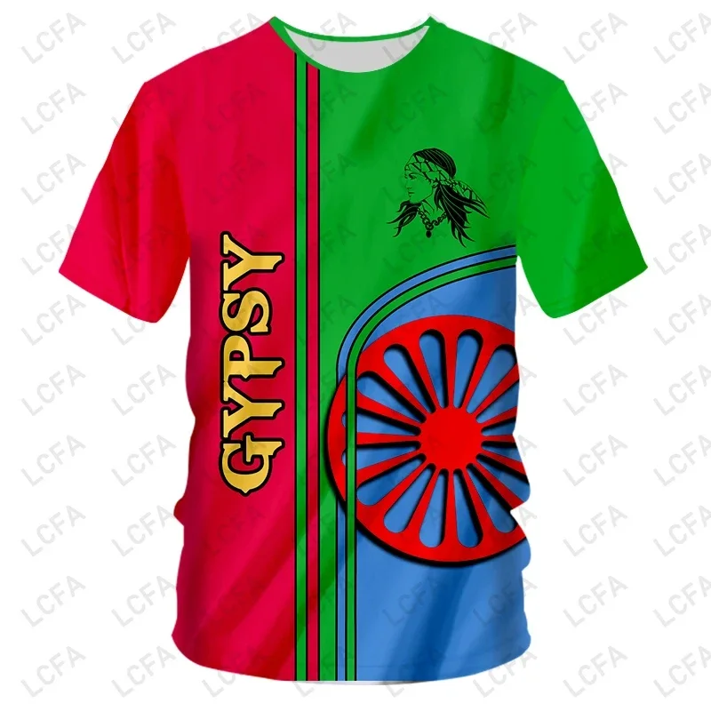 2024 Summer Hot Sale Men\'s T-shirts Roman Gypsy Flag 3d Print Short-sleeved T Shirt Men Clothing Outdoor Casual Oversized Tops