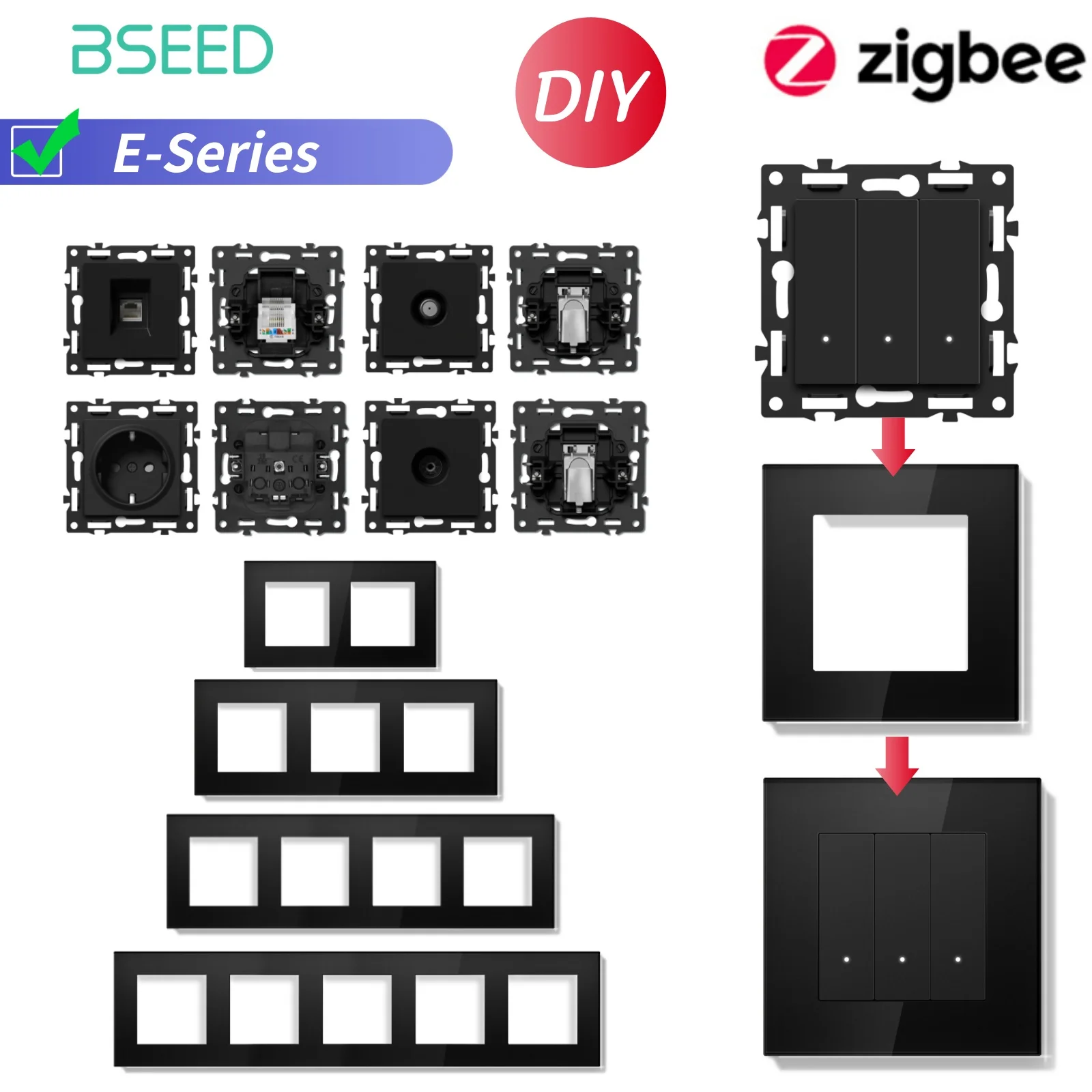 BSEED ZigBee Click Switch Modules Smart Light Switch Parts Glass Frame DIY Combination Wall Sockets USB Charge Key E-Series