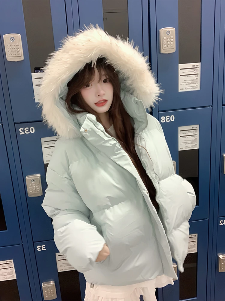 

Korean Lazy Sle Thiened Bread Cotton Jaet Women's Winter High-End Large Fur Collar Casual All-Match Warm Cotton Coat