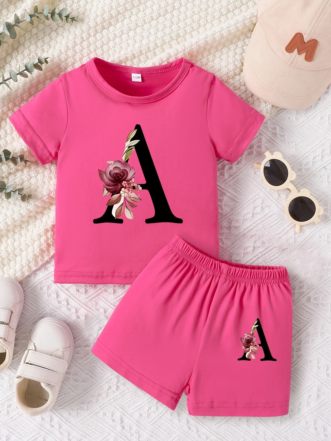 Baby girl round neck short sleeved letter A pattern top+casual shorts set for spring and summer