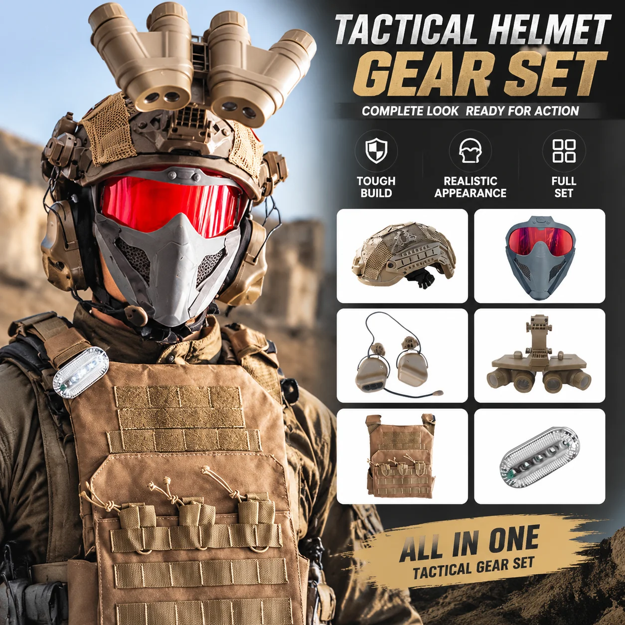 Tactical Helmet Set with Face Mask Headset Dual Quad Night Vision Model Mount Accessories Airsoft Outdoor Gear Cosplay Equipment