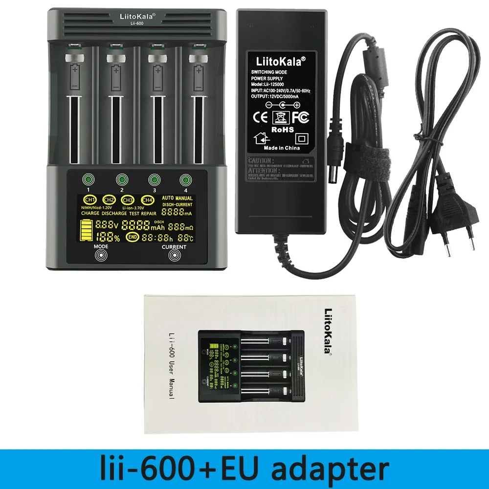 LiitoKala Lii-600 Battery Charger For Li-ion 3.7V and NiMH 1.2V battery Suitable for 18650 26650 21700 26700 AA + 12V5A adapter