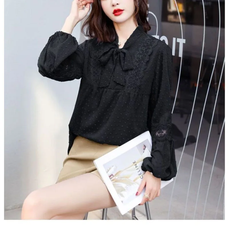 2023 New Spring/Summer Fashion Solid Color Versatile Loose Body Covering Long Sleeve Temperament Bow Tie Chiffon Women's Shirt