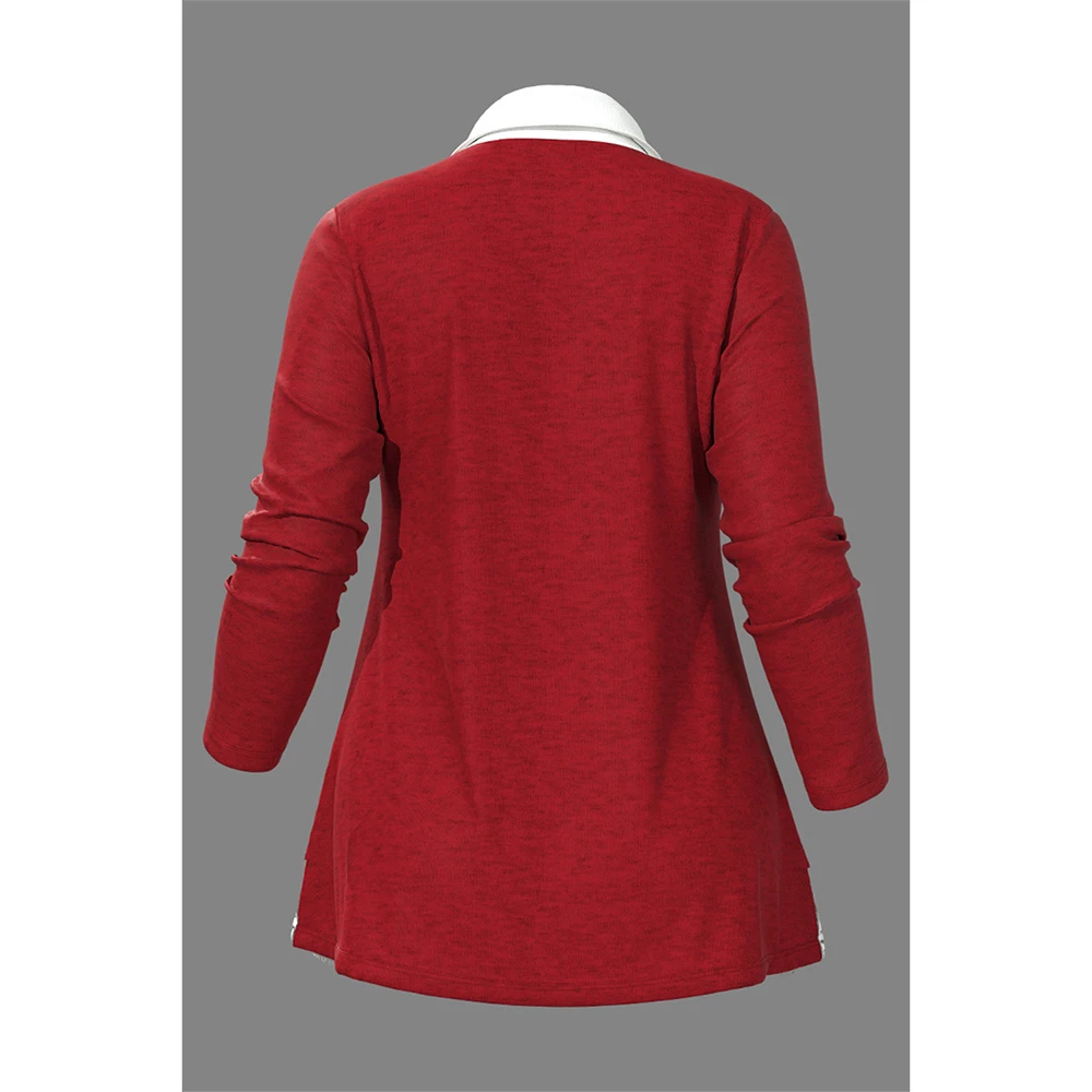 Plus Size camicia Casual primaverile bottone con cuciture in pizzo rosso nuovo risvolto camicia retrò top a maniche lunghe