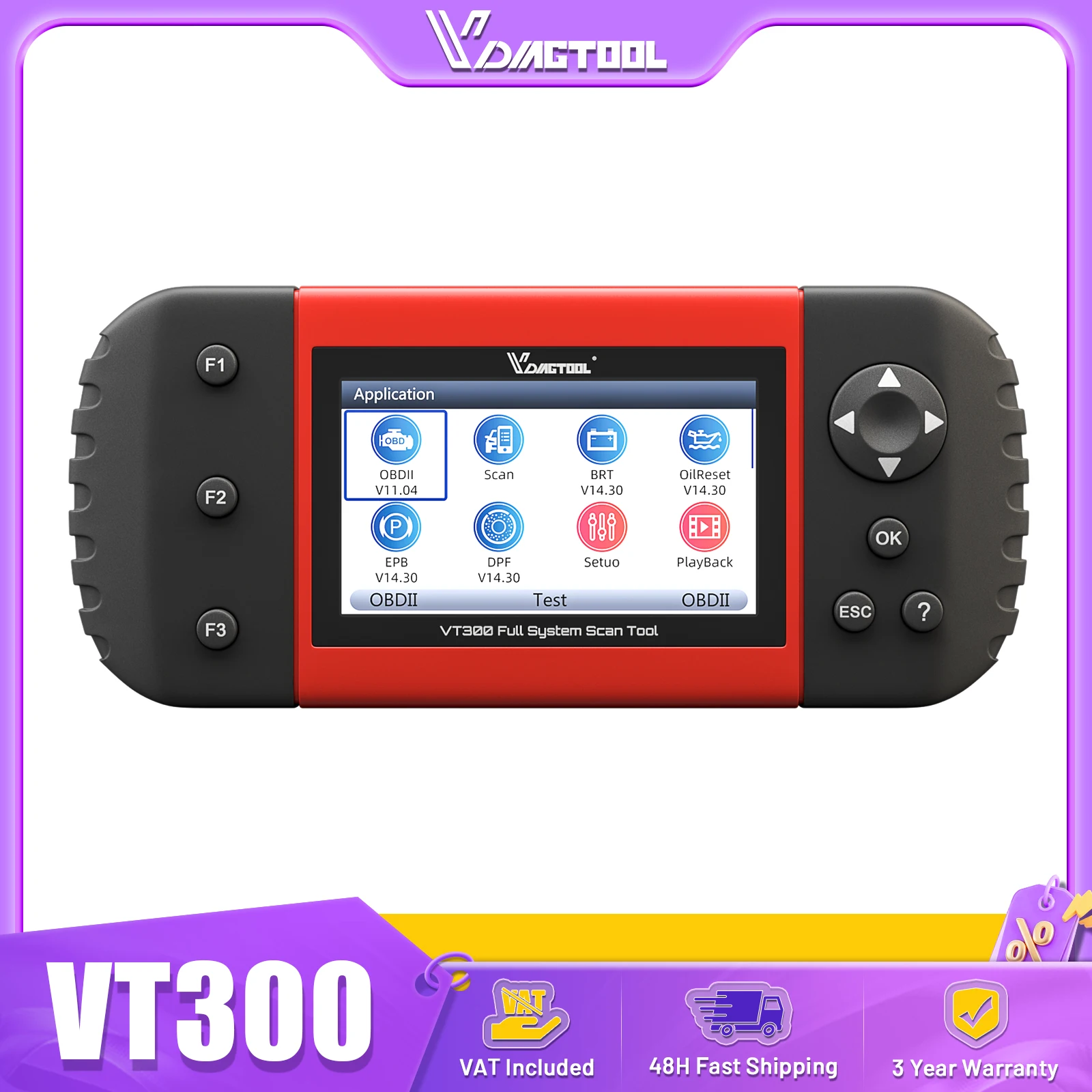 VDIAGTOOL VT300 Auto-Diagnosegerät Vollsystem-OBDII-Scanner Fehlercodelesegerät Kostenlose Datenaktualisierung Ölwechsel/BMS/EPB/DPF-Reset