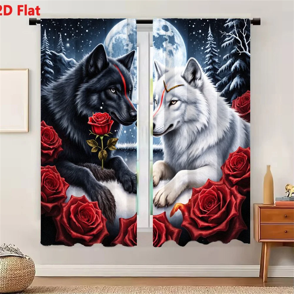 2Pcs Curtains 2D Flat Fantasy Wolves In Snowy Moonlit Landscape With Red Roses And Decorative Elements Window Drapes for Bedroom