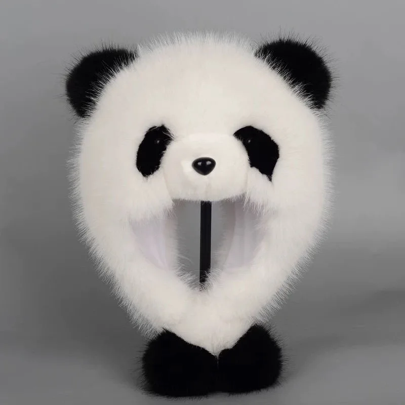 Cute Panda Shape Furry Bomber Cap Women Imitation Mink Fur Ear Protection Outdoor Ski Warm Winter Cap Russian Style Gorros Cap